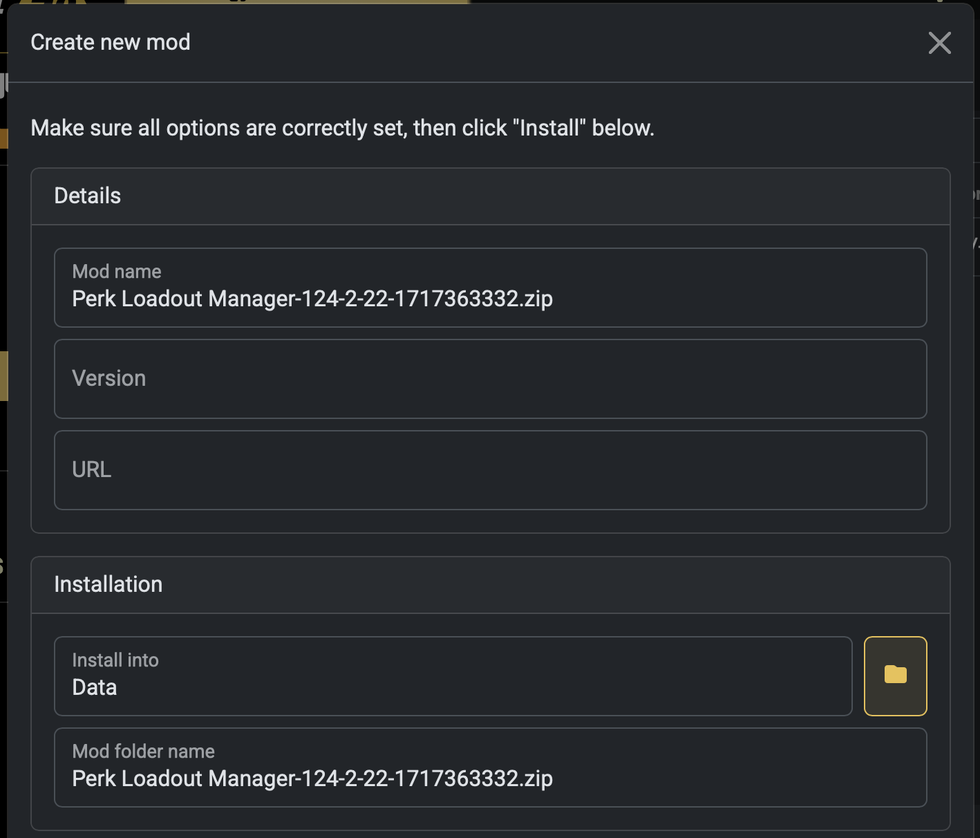 Screenshot of 'Create new mod' dialog