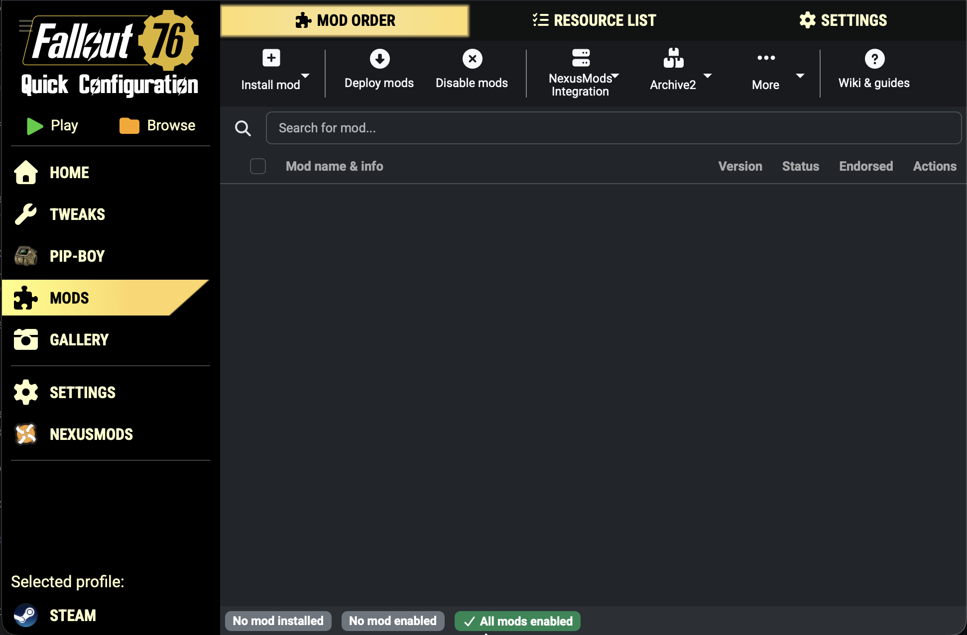 Screenshot of mod manager
