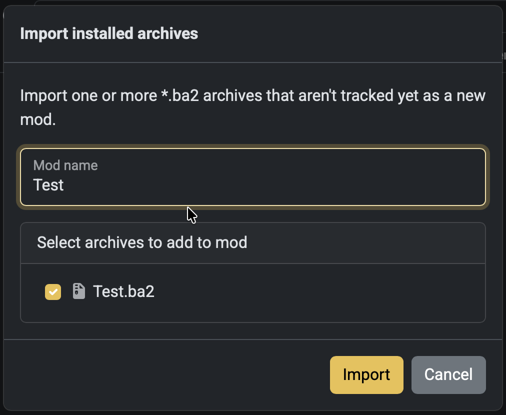 Screenshot of the 'Import installed archives' dialog