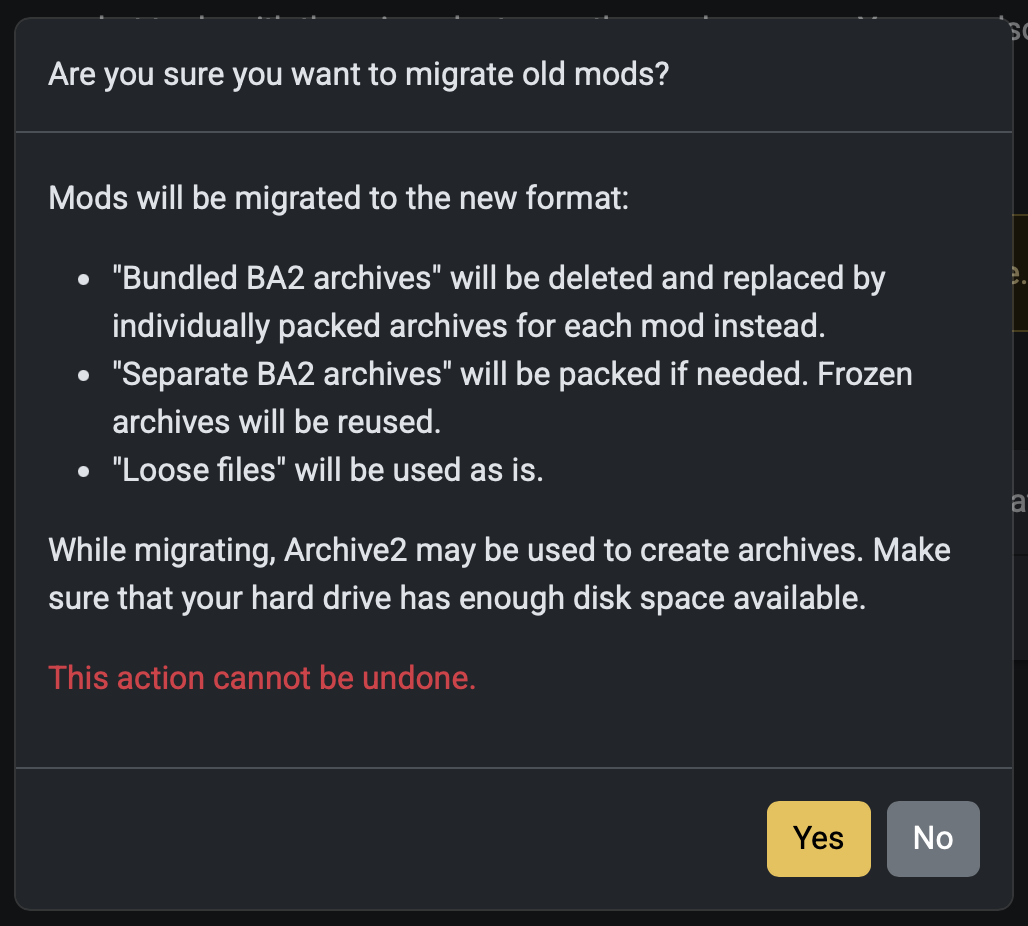 Screenshot of the migration confirmation dialog