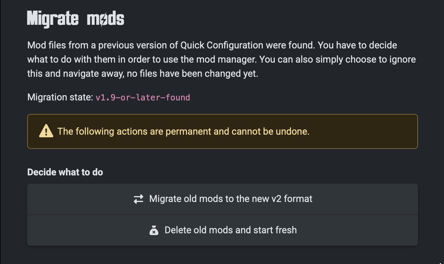 Screenshot of the 'Migrate mods' view