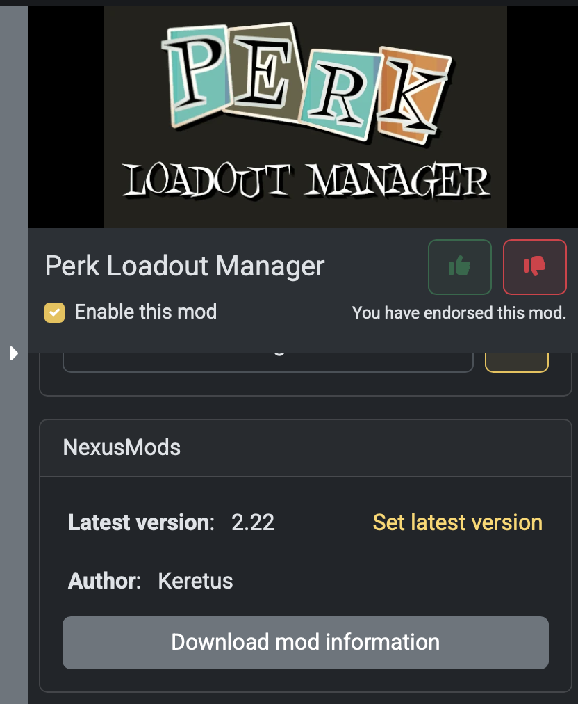 Screenshot of the side panel with Nexusmods details