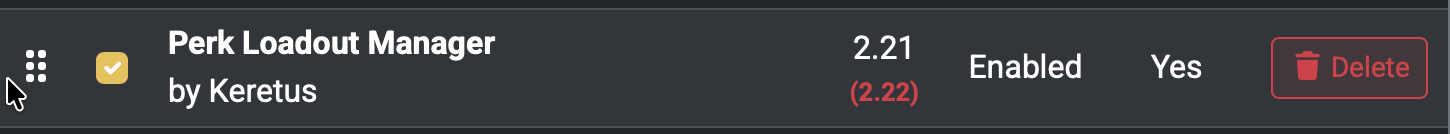 Screenshot of a mod with current version in red and in parentheses