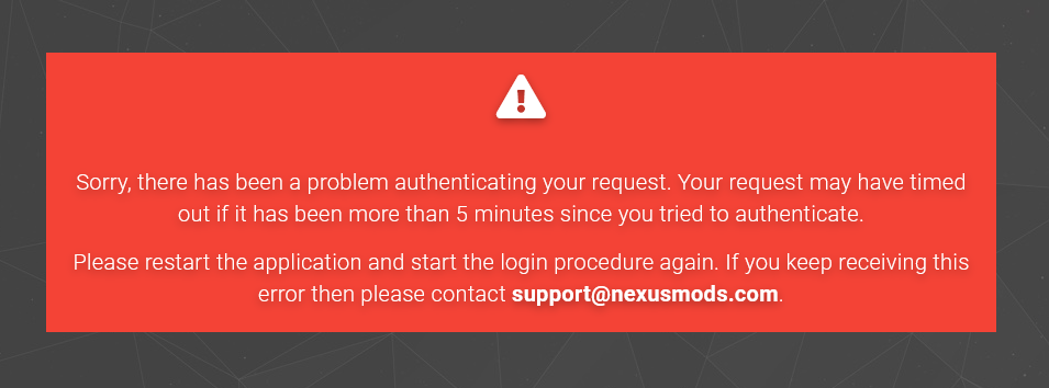 Screenshot of login error on nexusmods.com