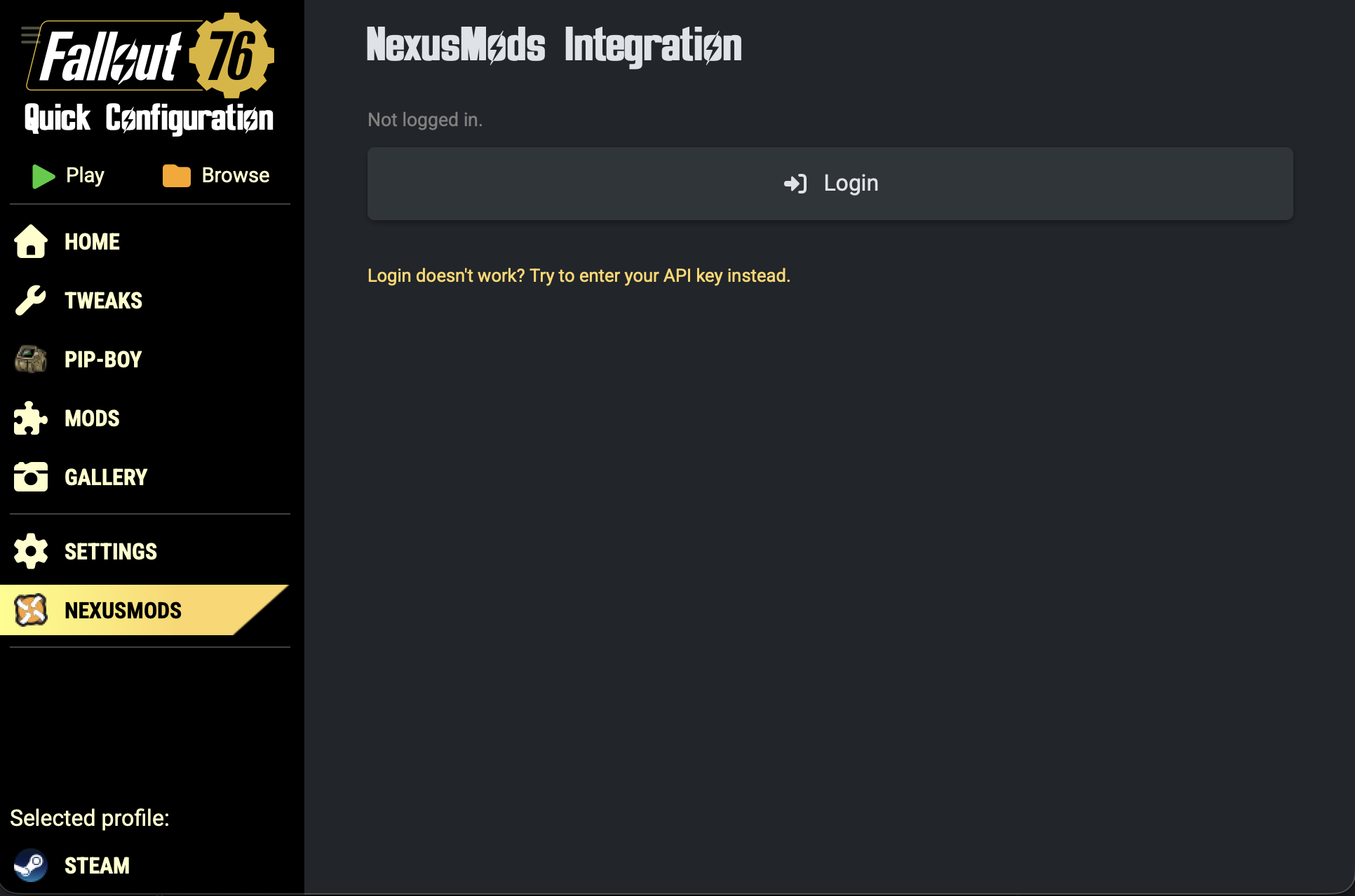 Screenshot of the NexusMods view in the app