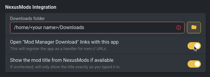 Screenshot of the 'Open Mod Manager Download links with this app' switch