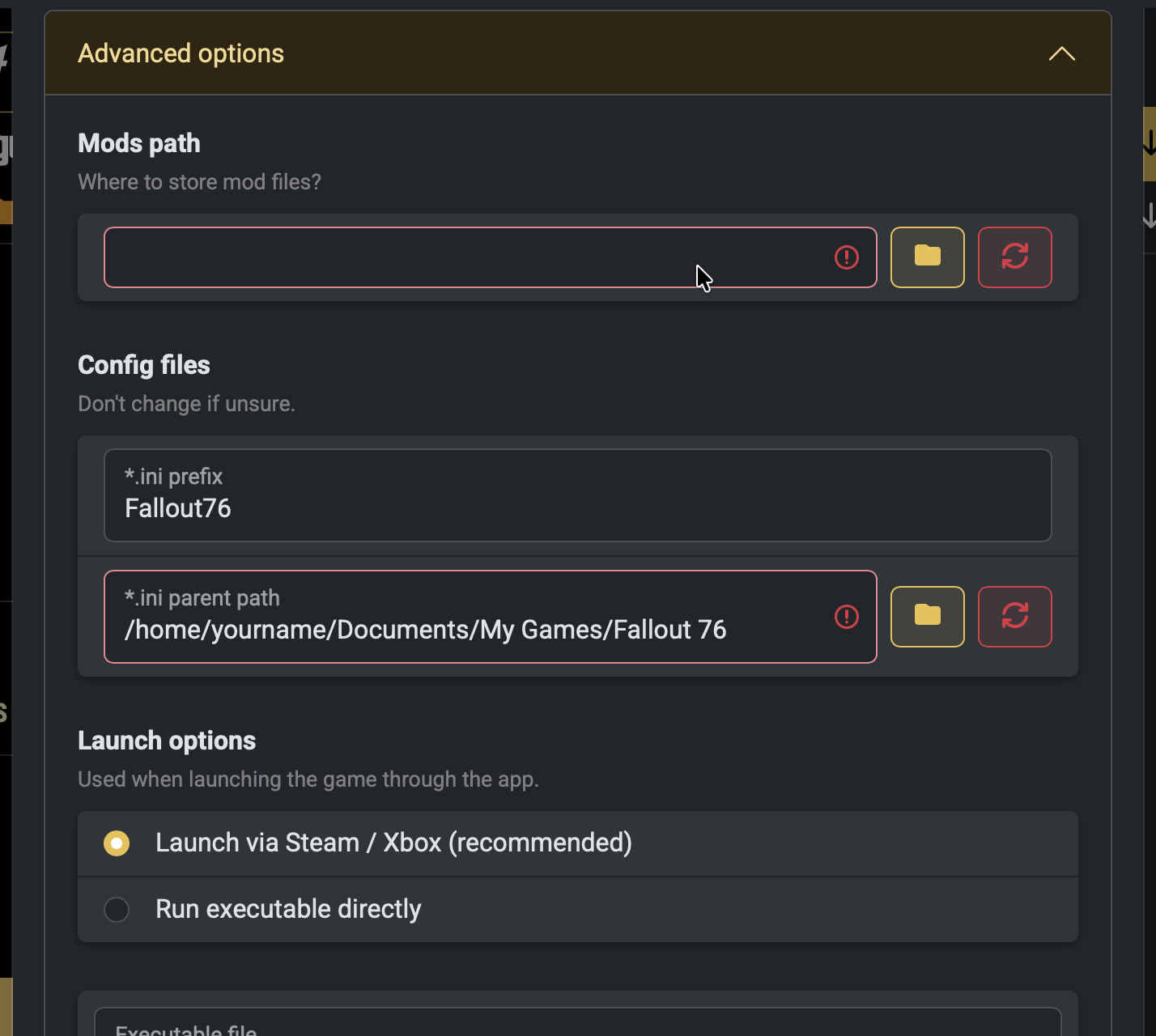 Screenshot of the Advanced options expanded