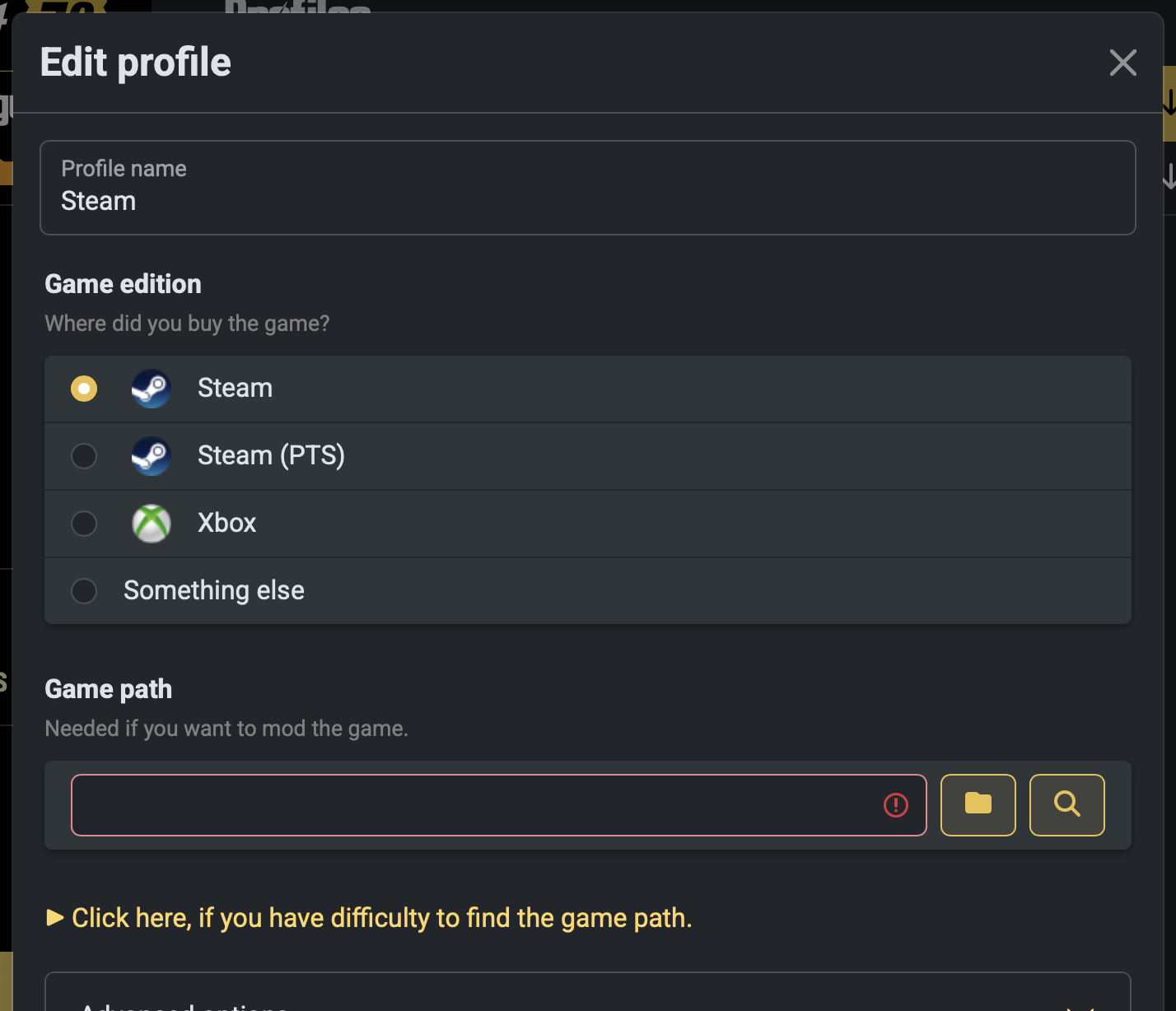 Screenshot of profile edit dialog