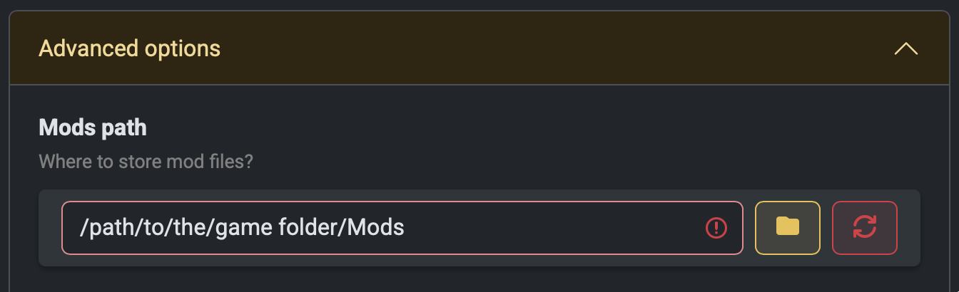 Screenshot of mods path text field
