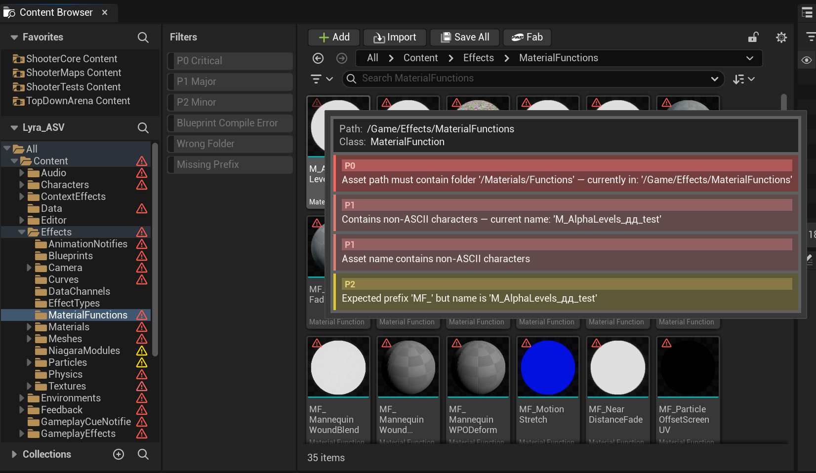 Content Browser with violation badges on folders and assets, and a hover tooltip listing an asset's violations by severity