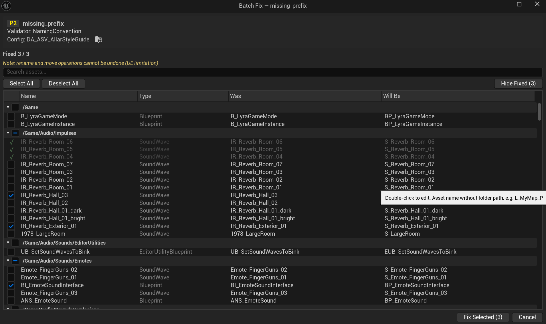 Batch Fix dialog, review assets, edit proposed names, apply in bulk