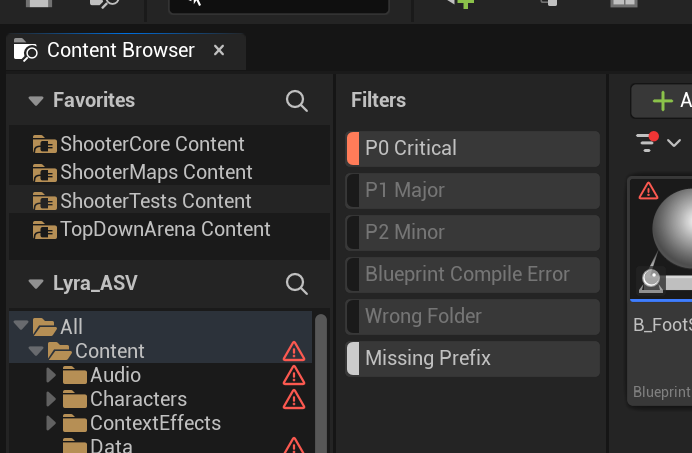 Content Browser filter chips for P0 to P3 and rule shortcuts, with folder badges in the left panel