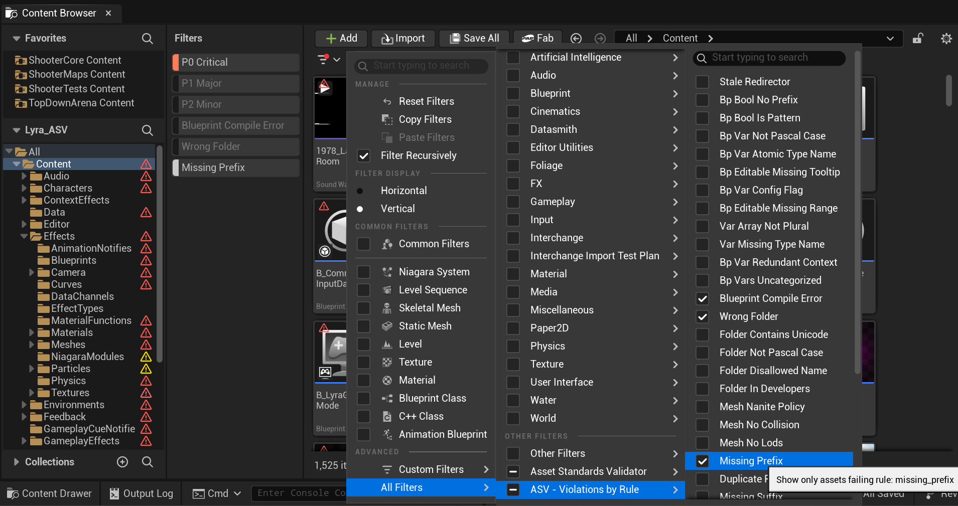 The Violations by Rule submenu in the same filter menu