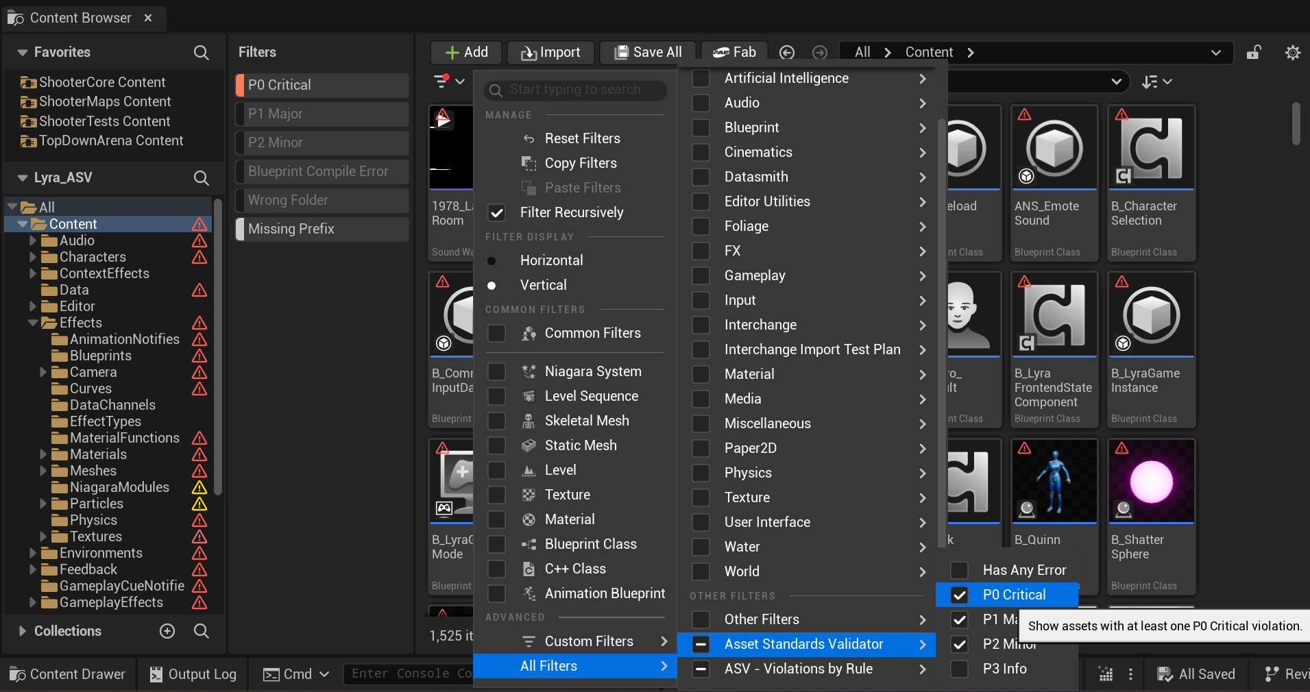 The Asset Standards Validator section in the Content Browser filter menu, filtering by severity