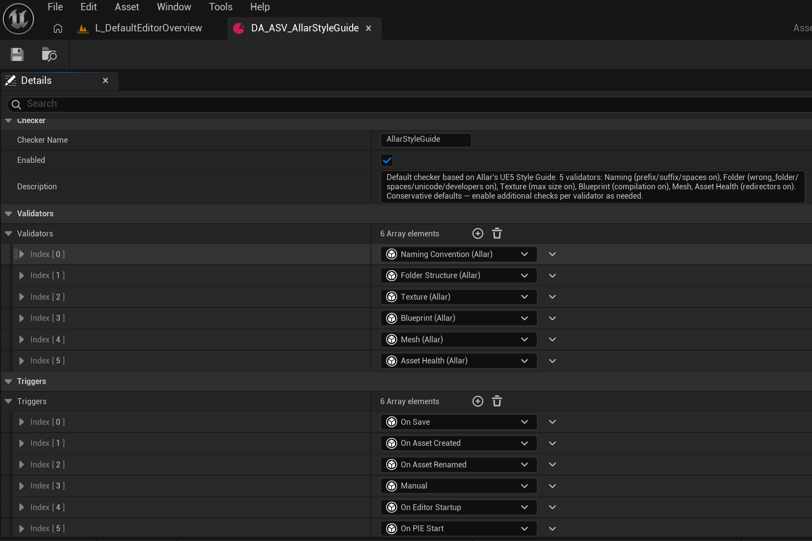 The checker config asset with its validators, triggers and path filters