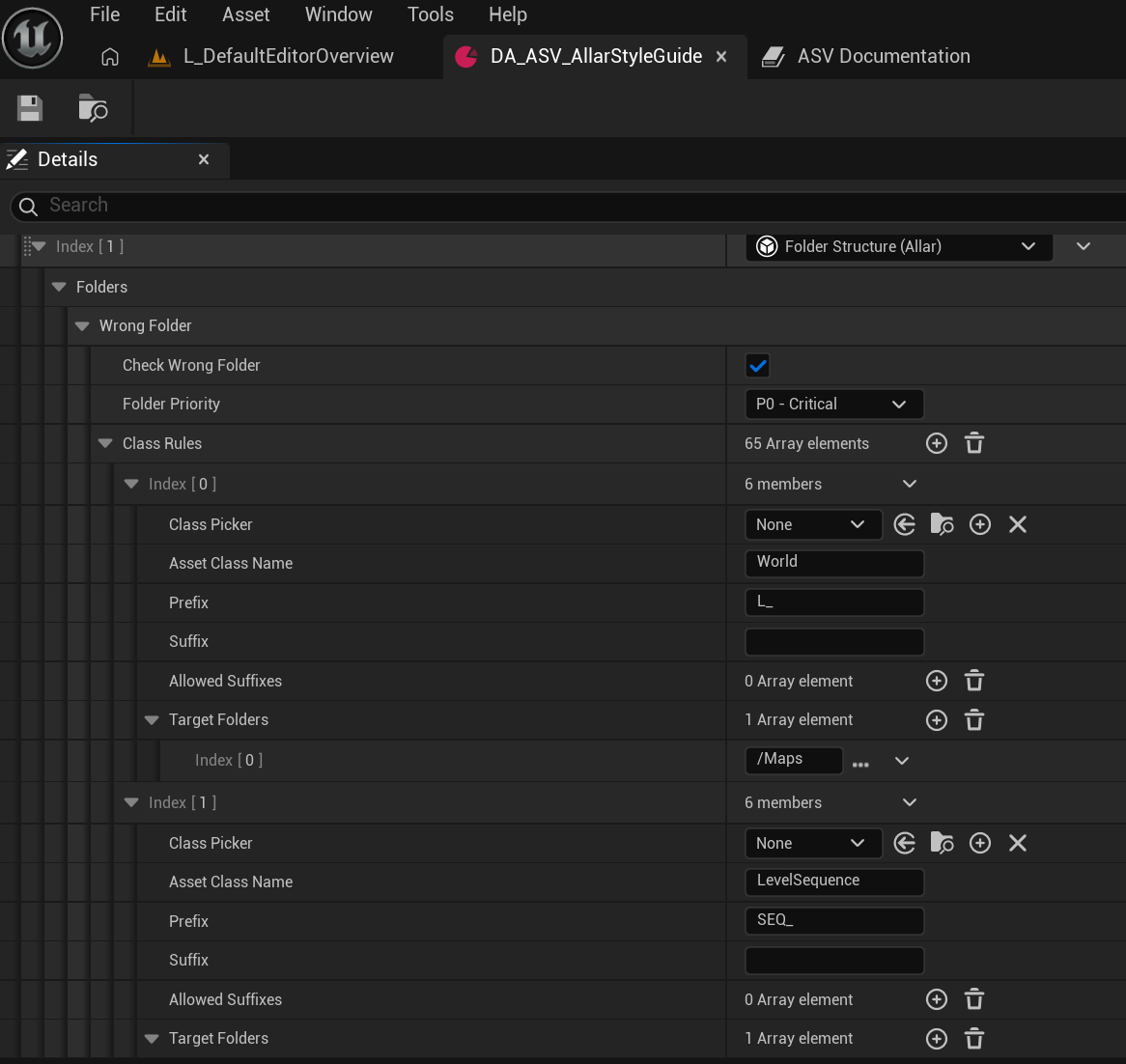 Folder class rules, World to L_ in Maps, LevelSequence to SEQ_