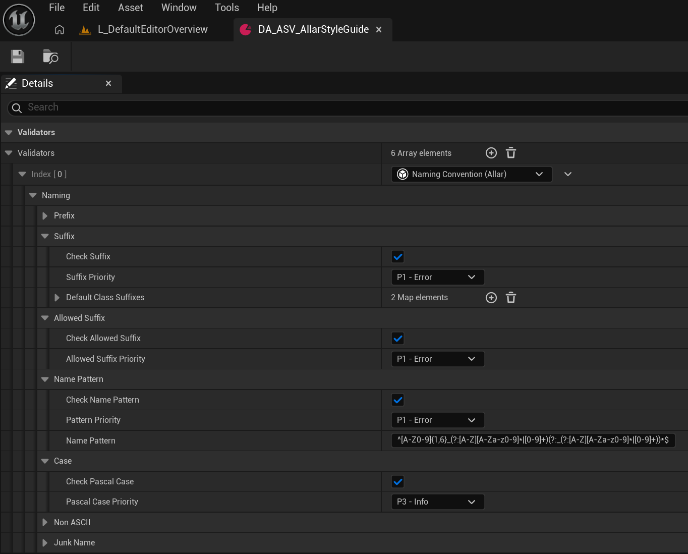 Naming validator, suffix, name pattern, and case sections with priorities