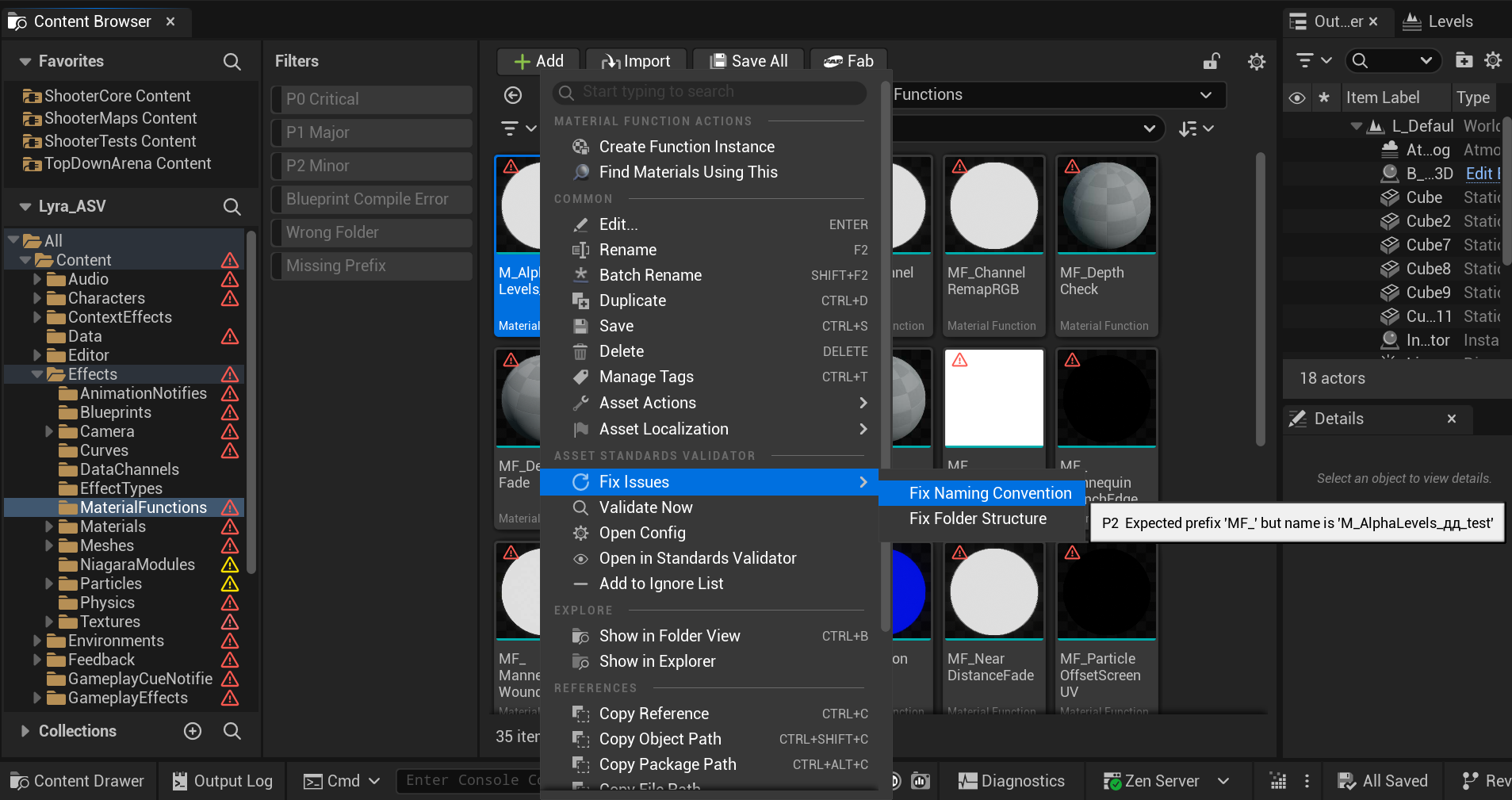 Right-click an asset, Asset Standards Validator, then Fix Naming or Fix Folder
