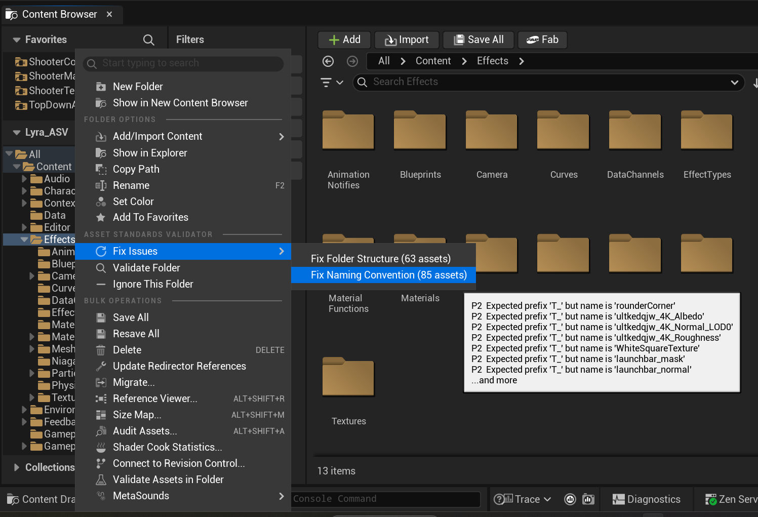 Right-click on a folder, with per-validator asset counts