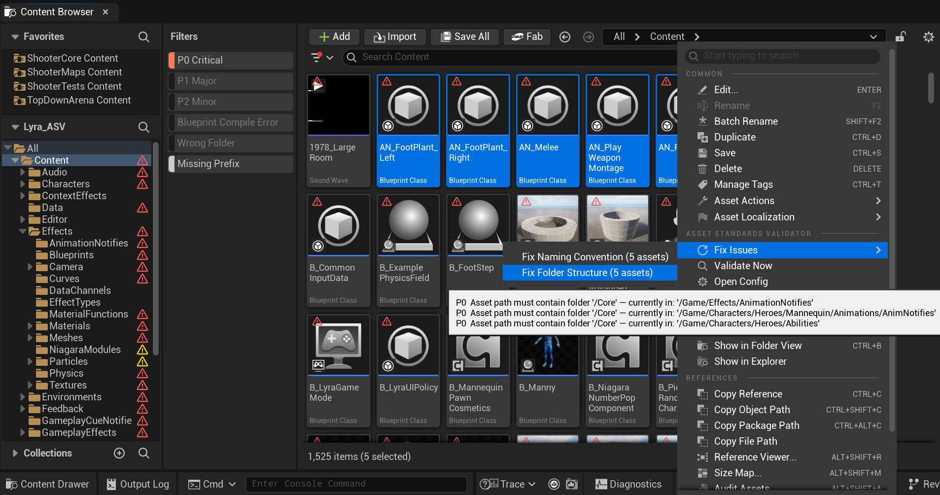 Right-click on several selected assets, with the fix entry counting them