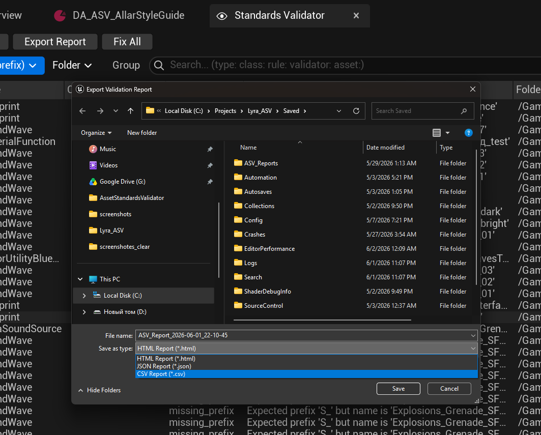Export Report, file save dialog
