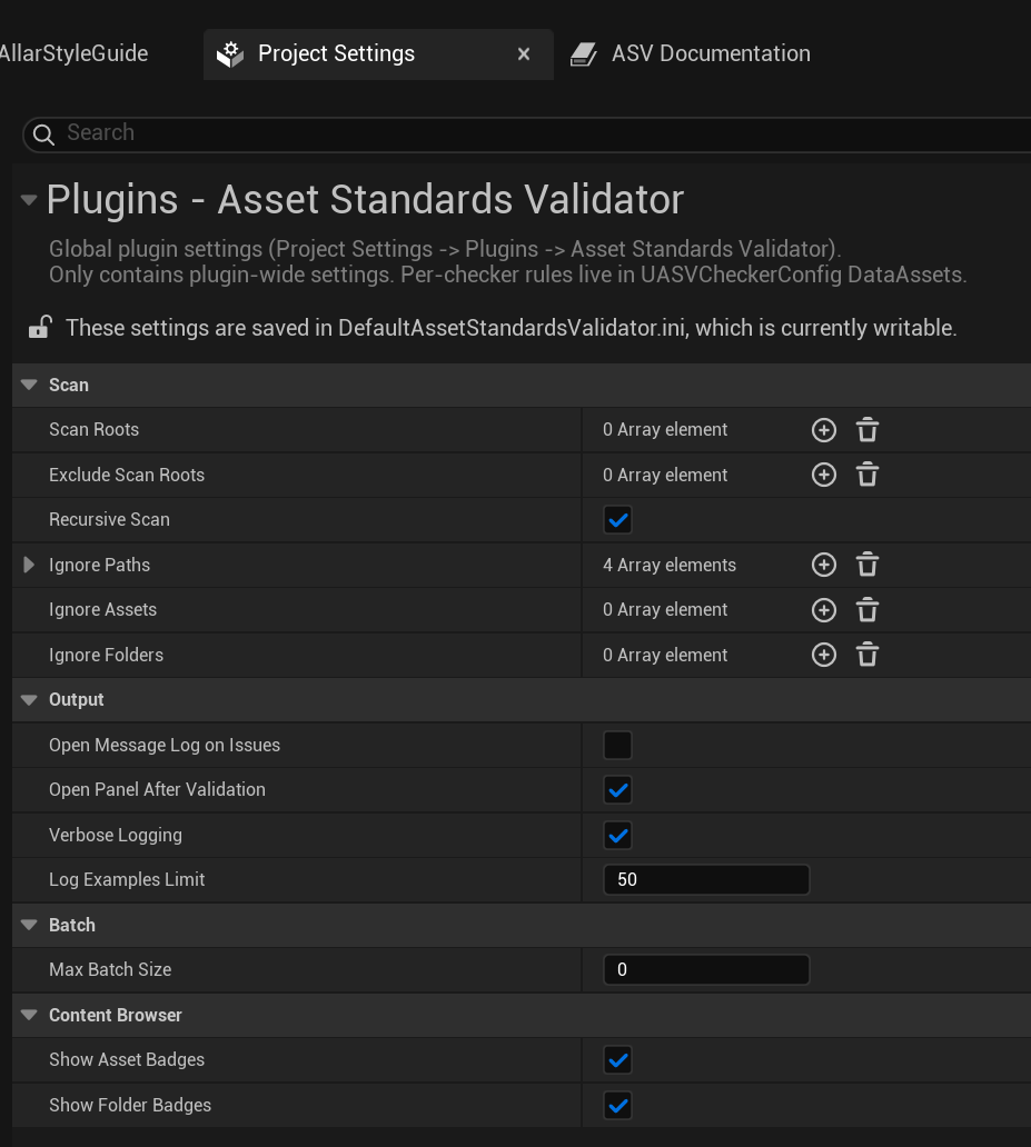 Project Settings, Plugins, Asset Standards Validator (global settings)