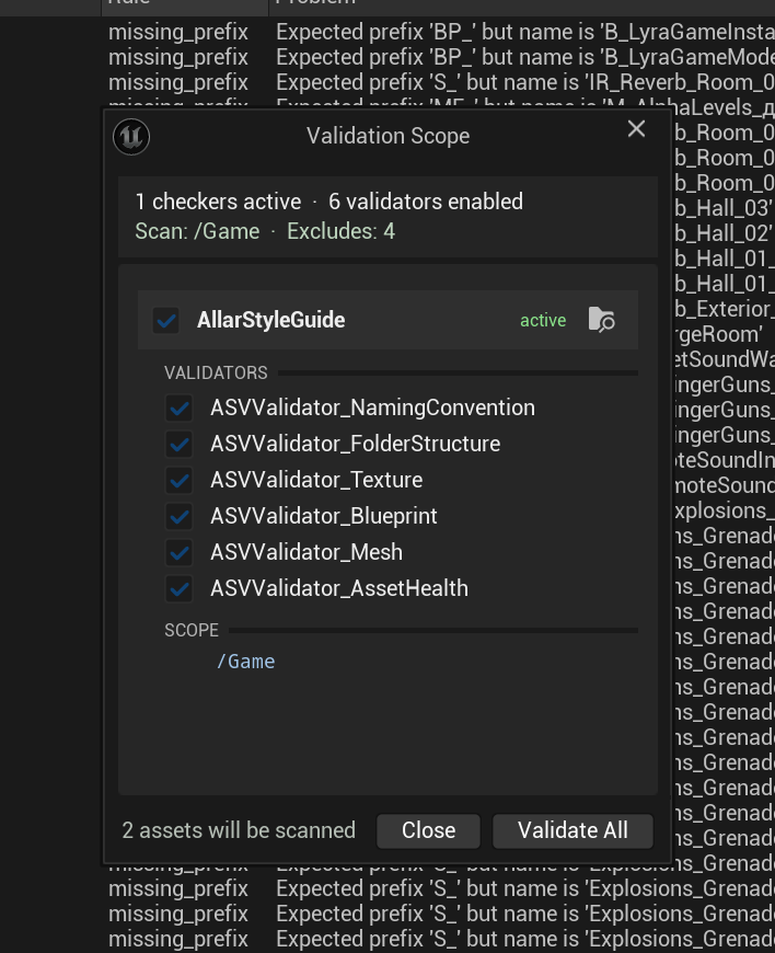 The Validation Scope dialog listing enabled checkers and the scope path