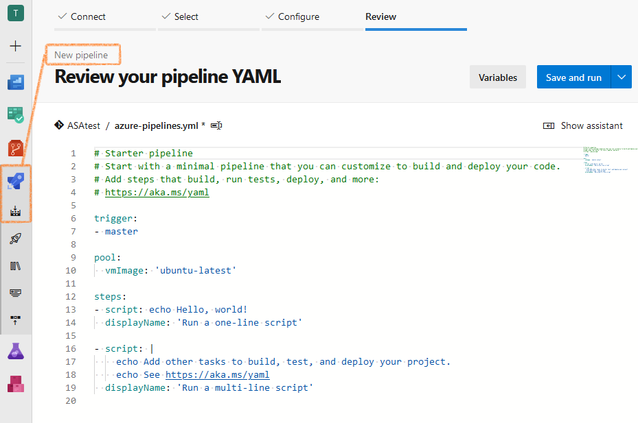 Screenshot of Azure DevOps: starter YAML pipeline
