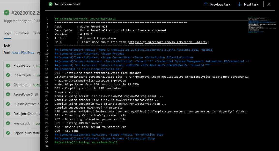 Screenshot of Azure DevOps: log of a successful build