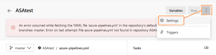 Screenshot of Azure DevOps: YAML pipeline being unhappy