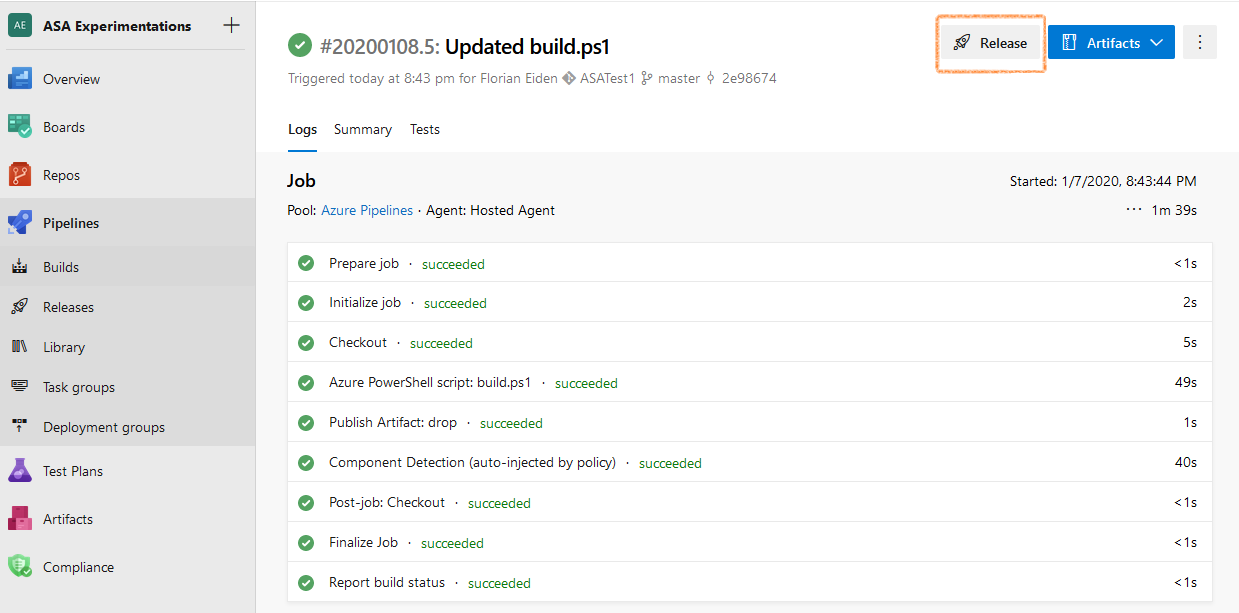 Screenshot of Azure DevOps: successful build, top right is highlighted a Release button