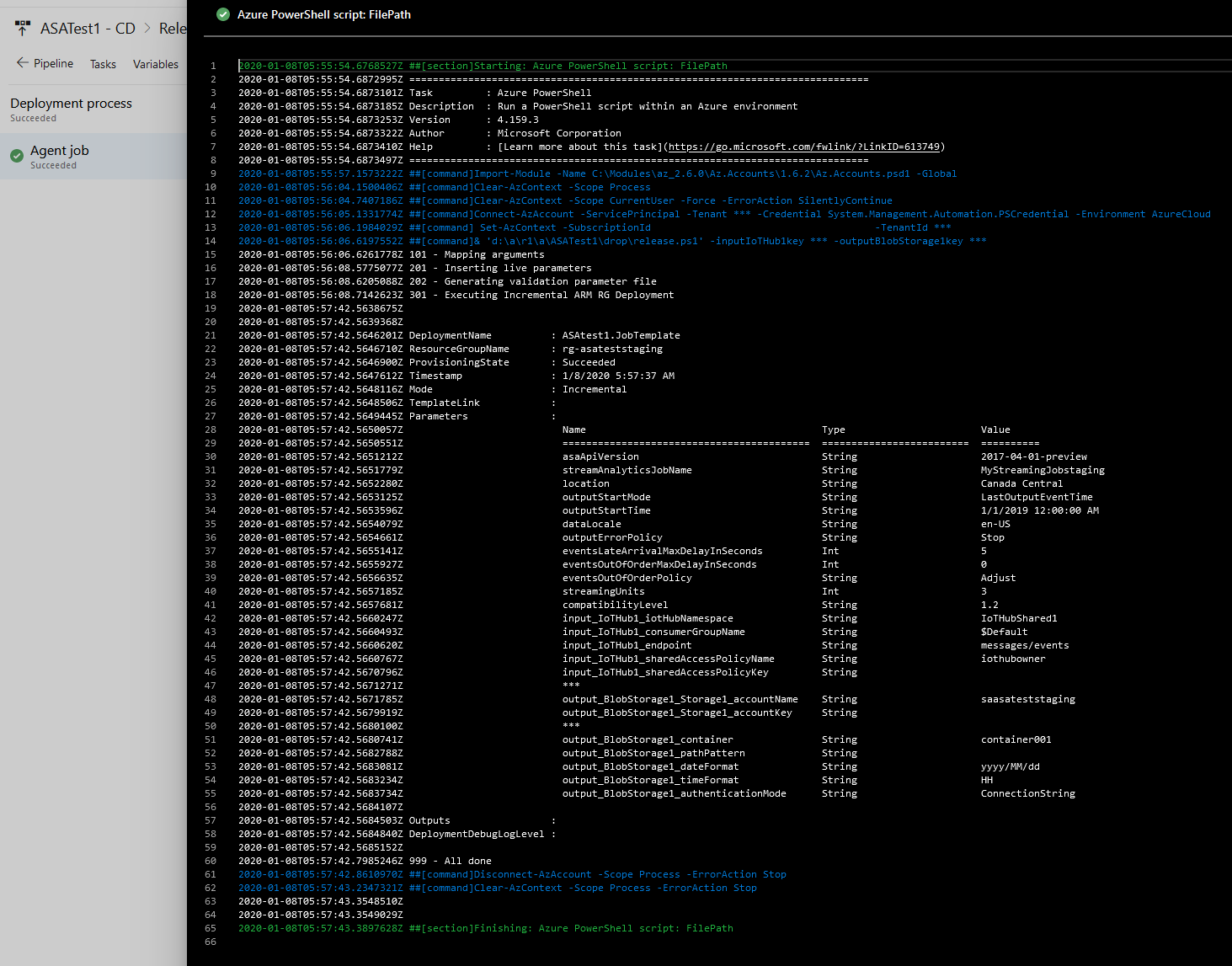 Screenshot of Azure DevOps: log of a successful release