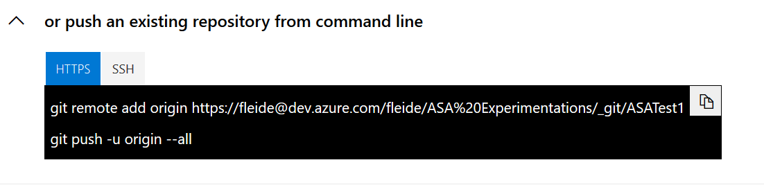Screenshot of Azure DevOps: new repo origin address