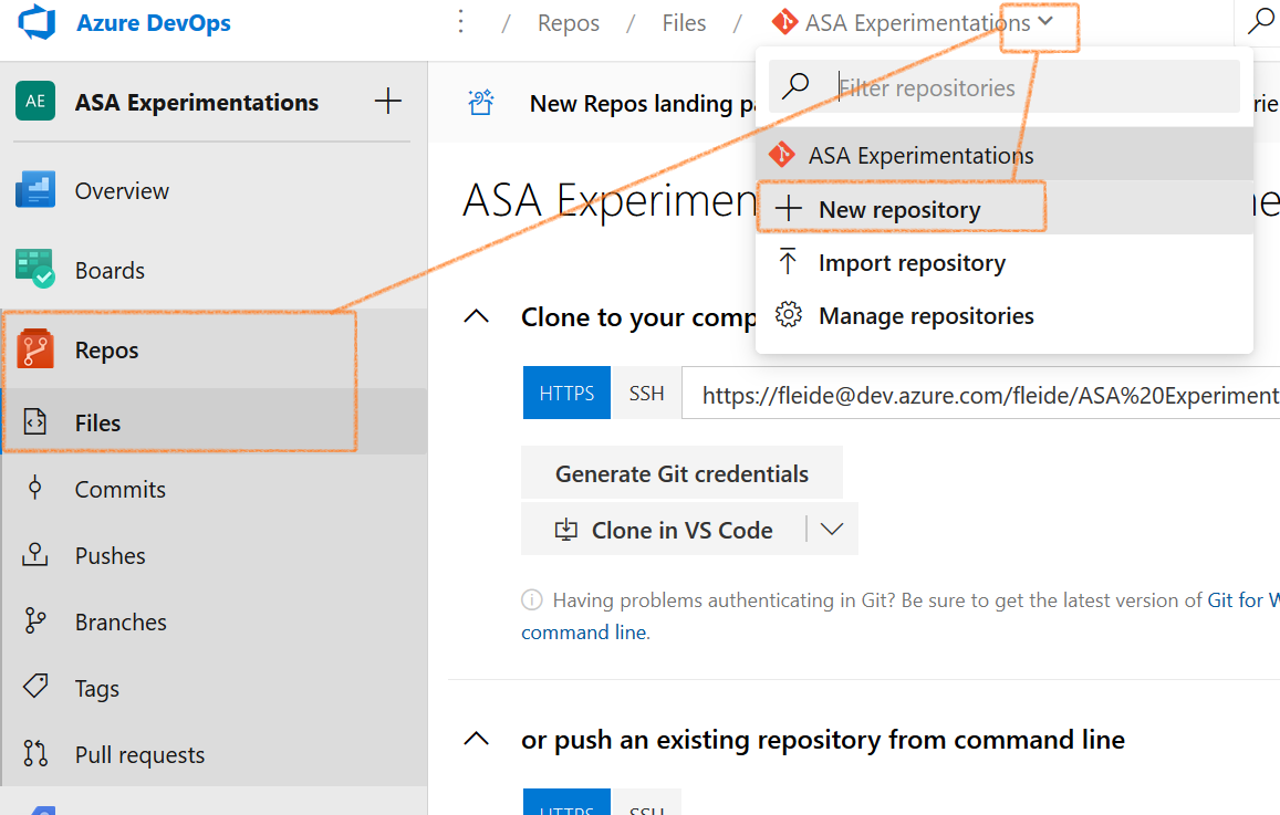 Screenshot of Azure DevOps: new repository experience