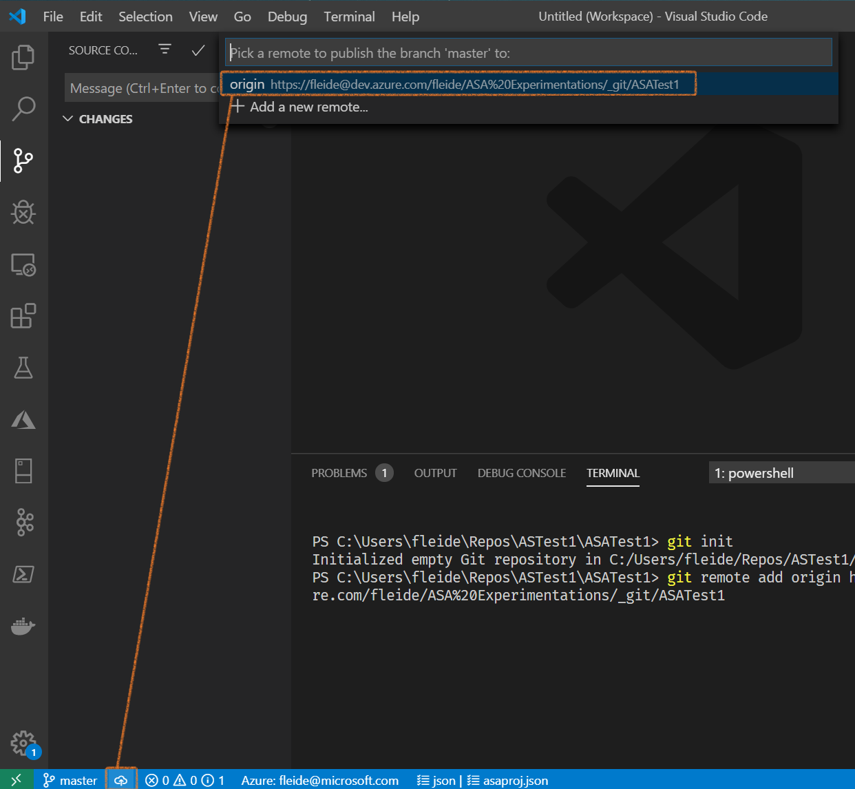 Screenshot of VSCode: push to origin repo