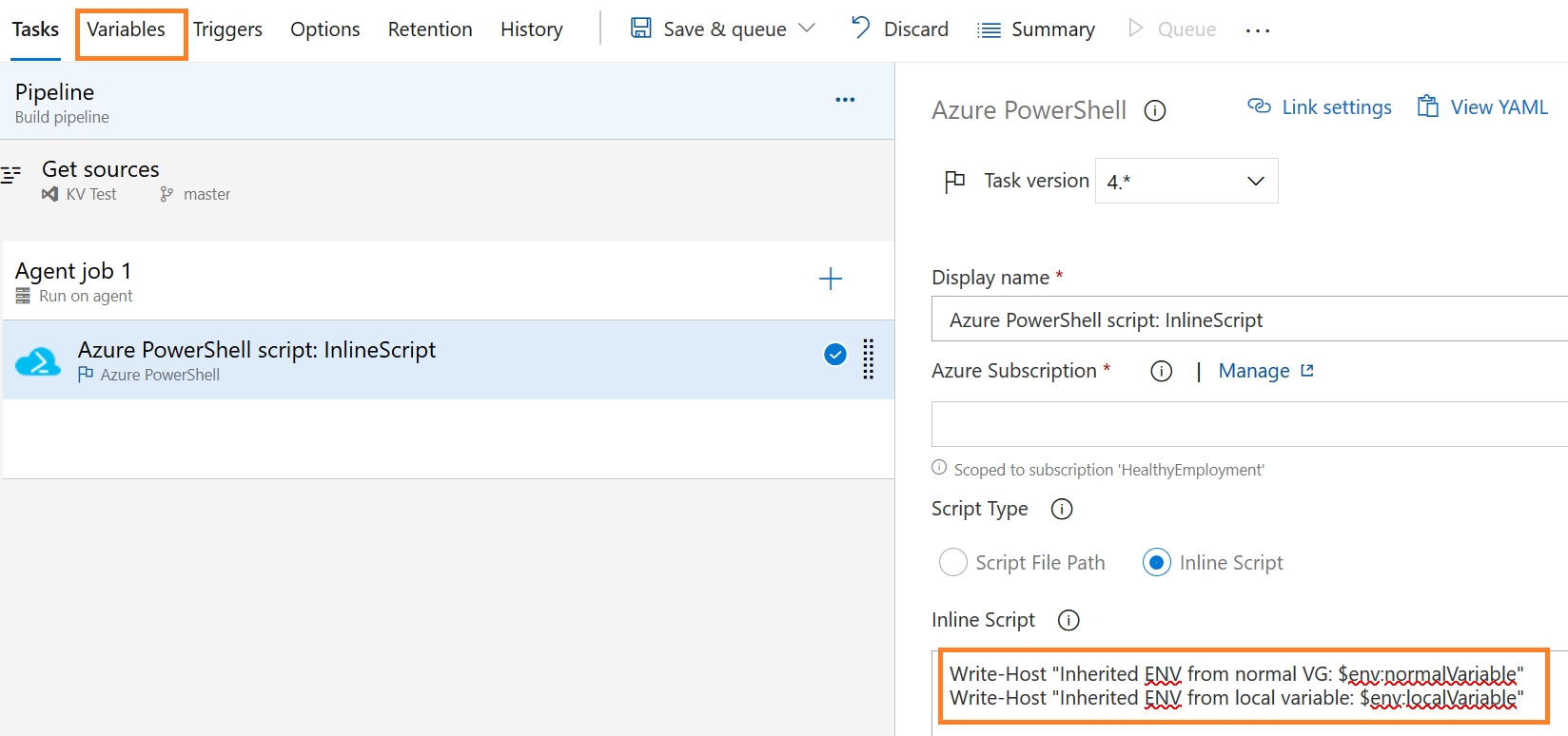 Screenshot of Azure DevOps : Inherited environment variable for inline script in classic experience
