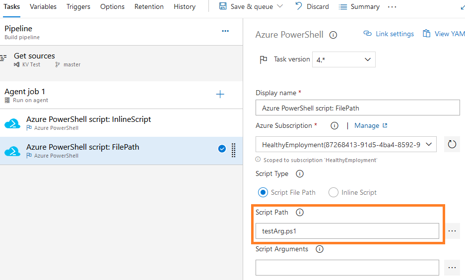 Screenshot of Azure DevOps : PowerShell cmdlet for file script in classic experience