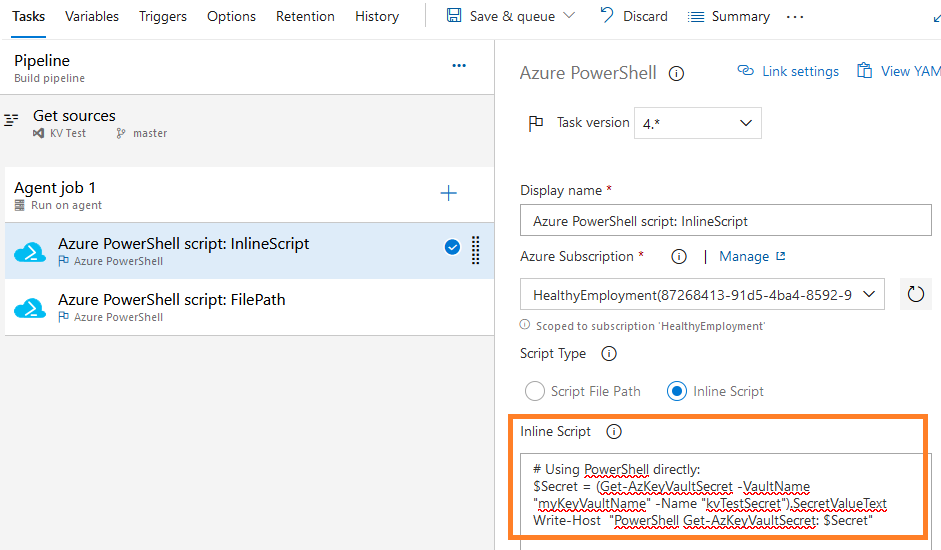 Screenshot of Azure DevOps : PowerShell cmdlet for inline script in classic experience