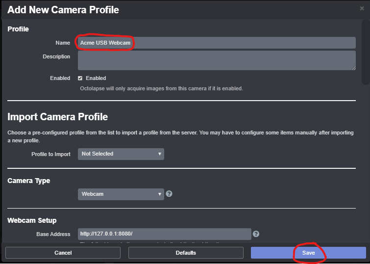 Name and save your new camera profile