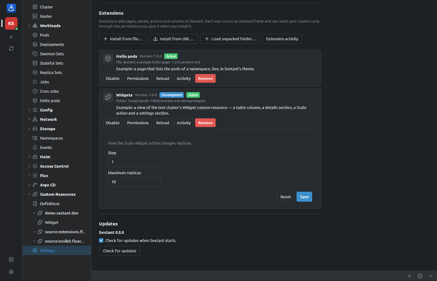 Settings → Extensions with two extensions installed