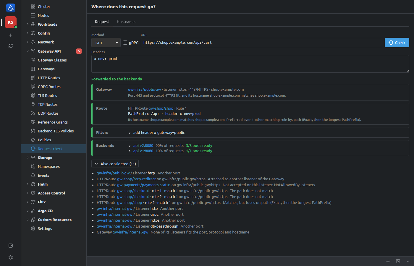 The request check: listener, route, filters and backends, and the other candidates