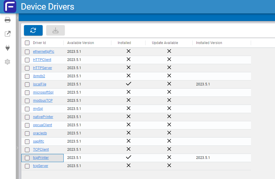 "Device Drivers" page in the Edge Gateway.