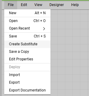 File menu action in the Data Flow Designer displaying the "Create a Substitute" action