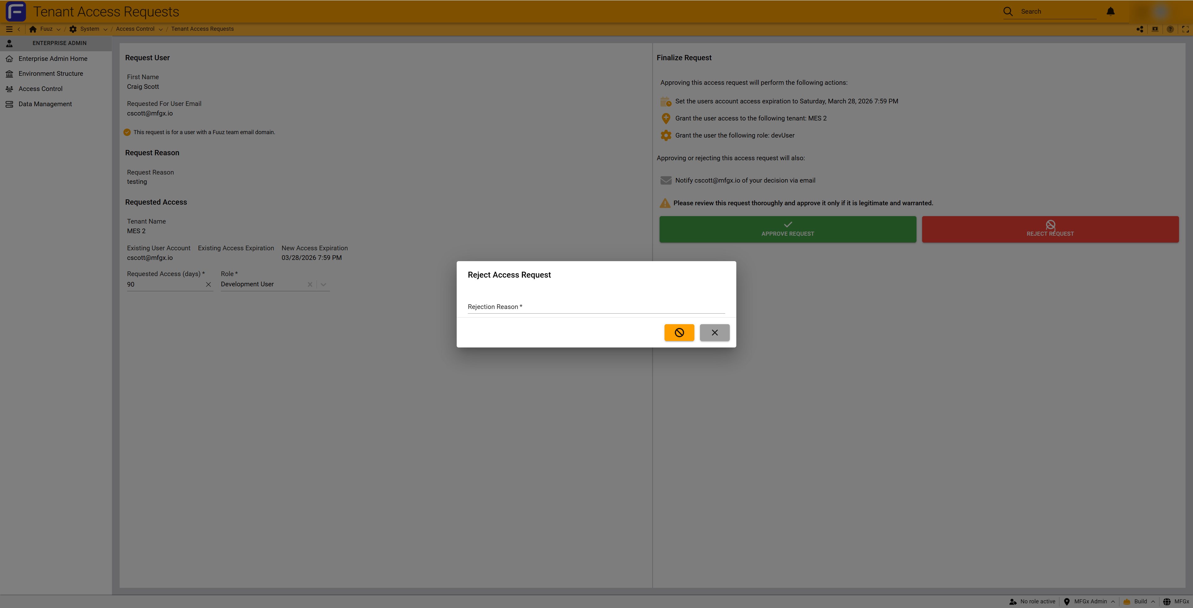 Reject request dialog