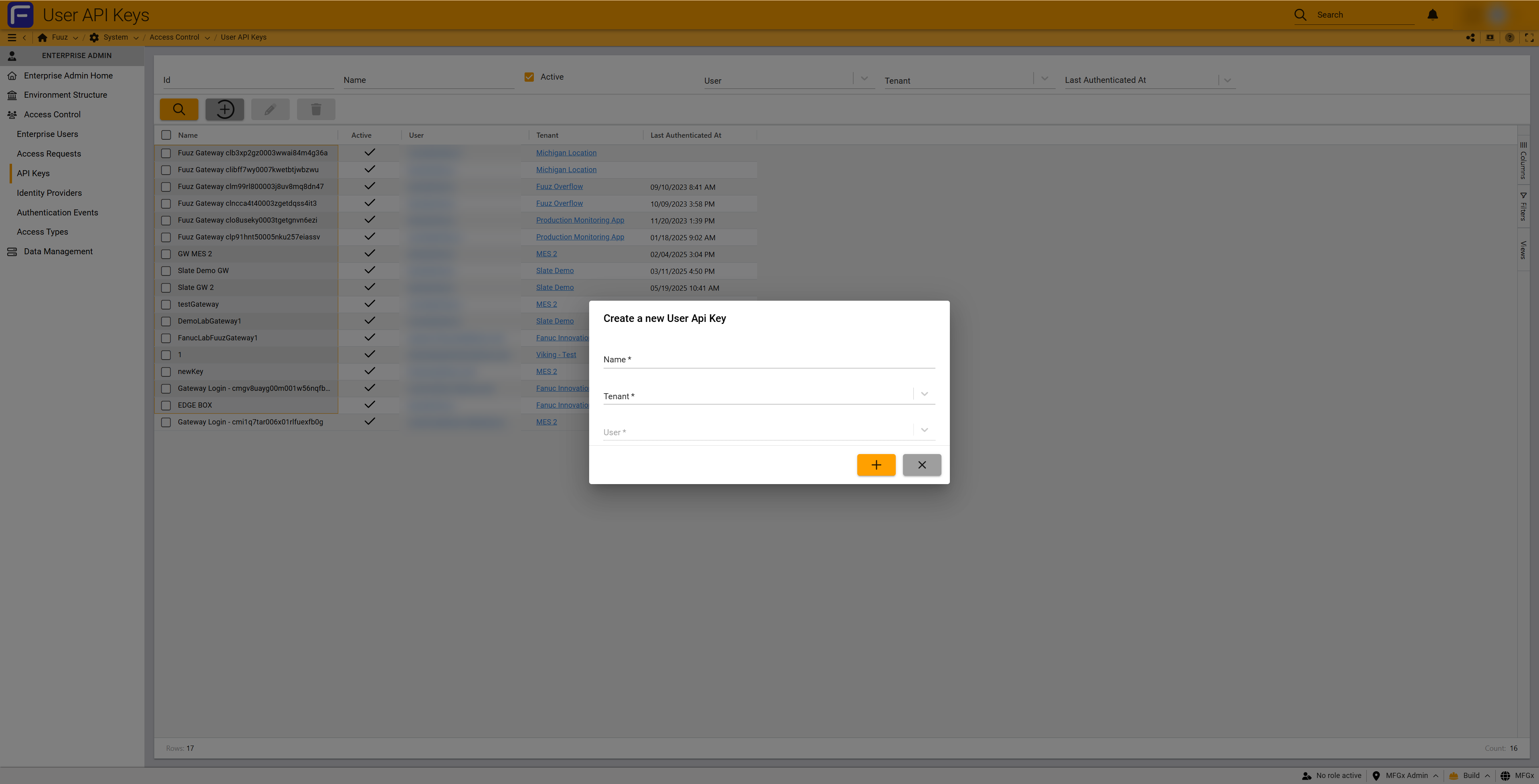 Create new API key dialog