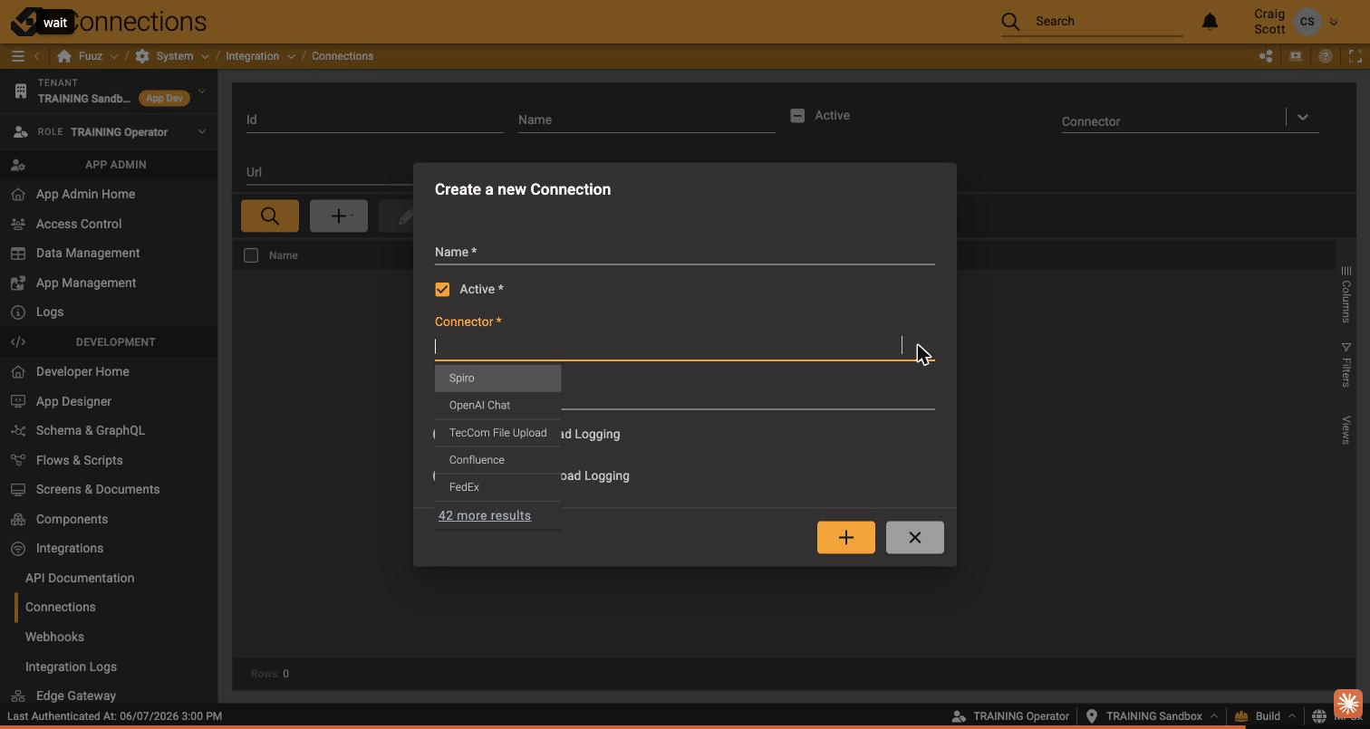Connection dialog with connector catalog