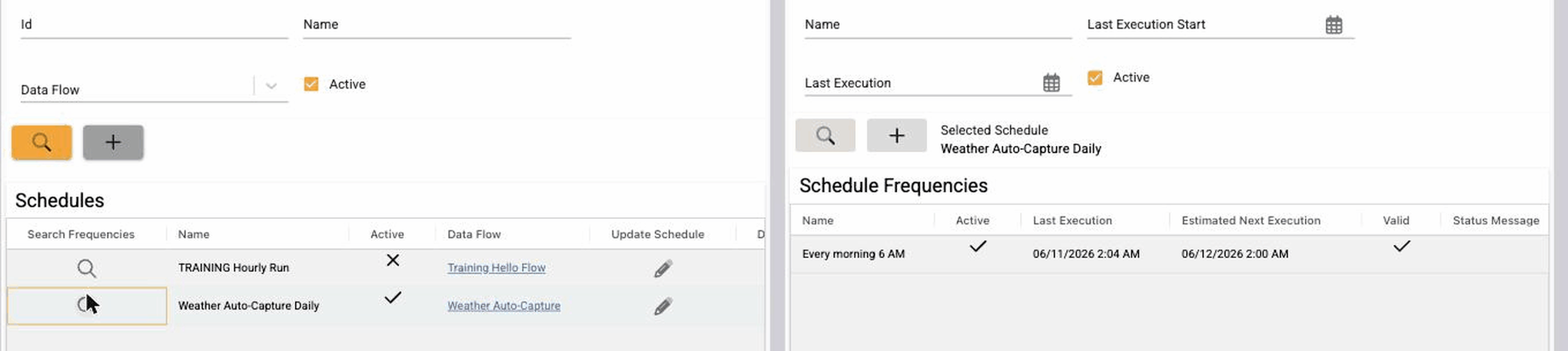 The Weather Auto-Capture Daily schedule with its cron frequency