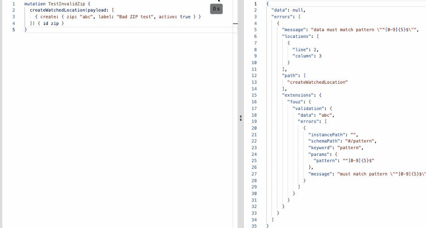 API Explorer rejecting an invalid ZIP against the pattern