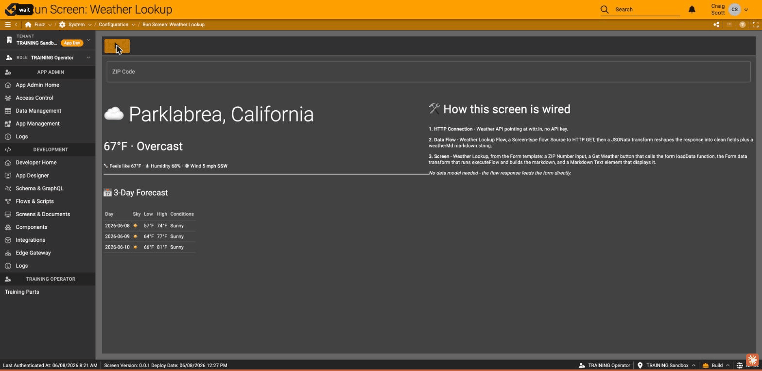 The finished Weather Lookup screen: weather on the left, "how it's wired" on the right