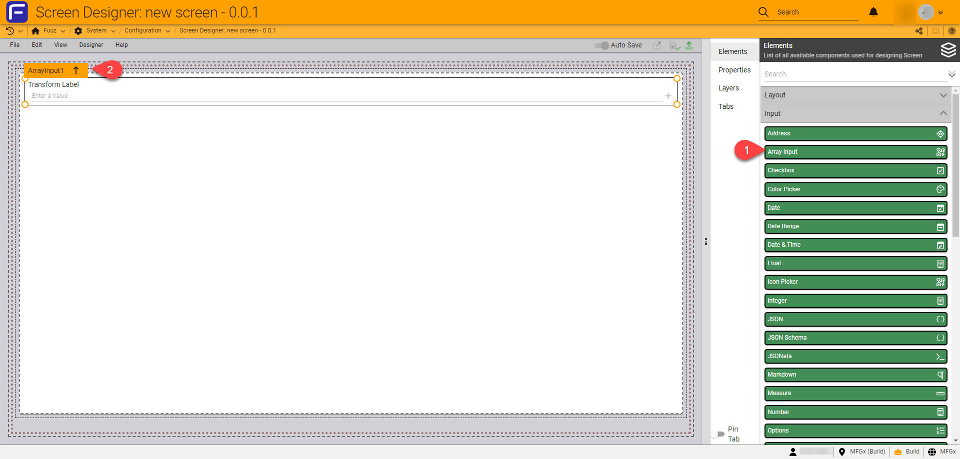 Array Input on the Screen Designer canvas
